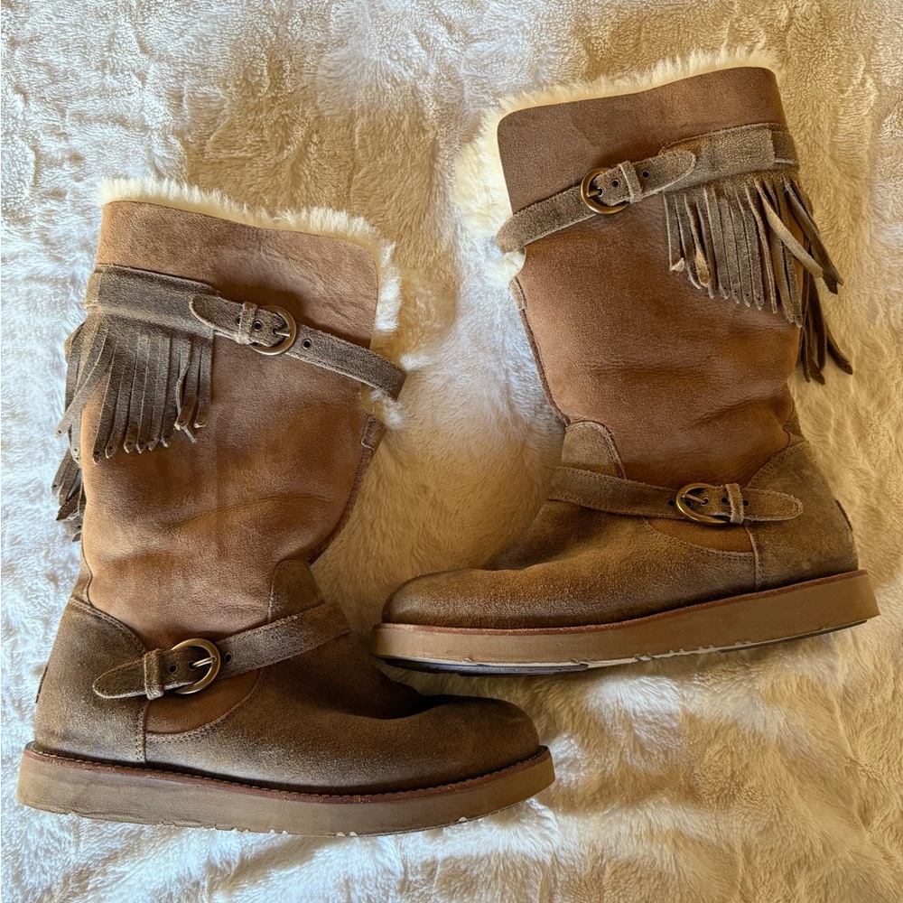 UGG Tan Sheepskin Boots with Fringe and Buckles